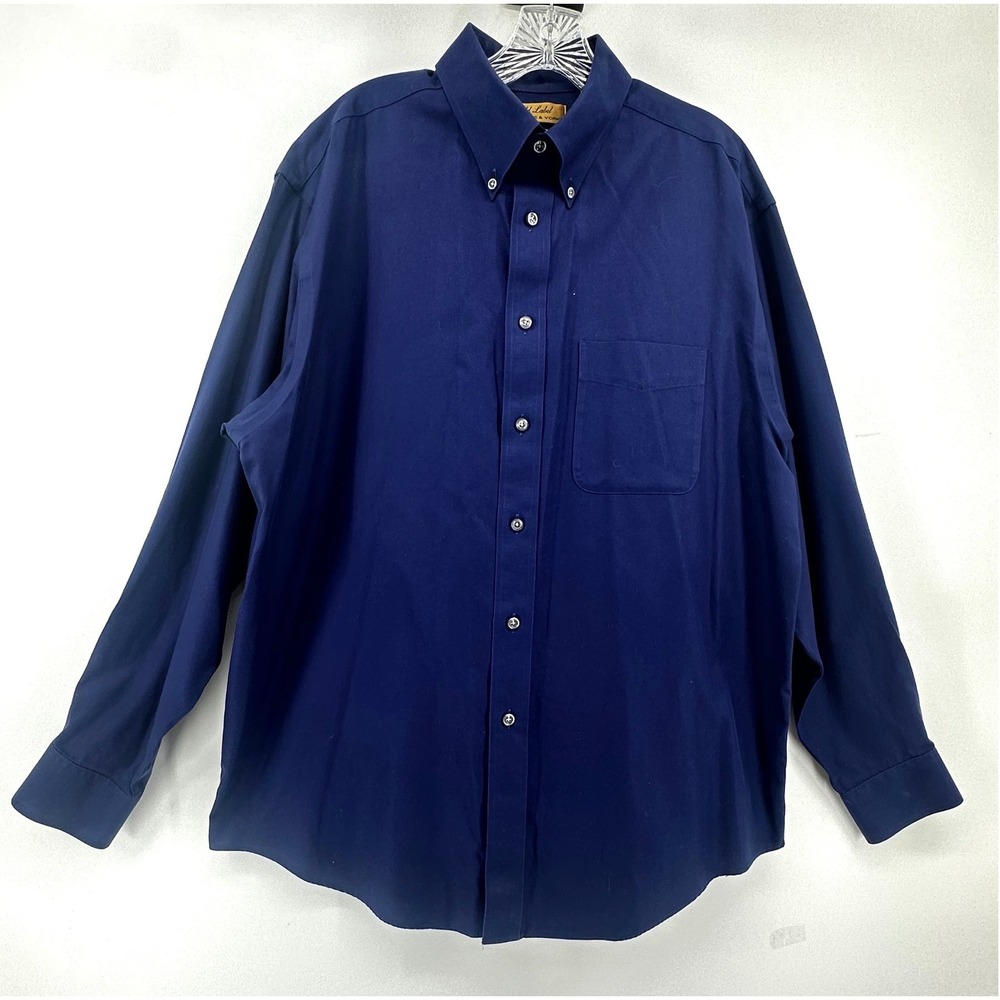Roundtree & Yorke Gold Label Navy Blue Non-Iron Cotton Button Down Shirt Mens L